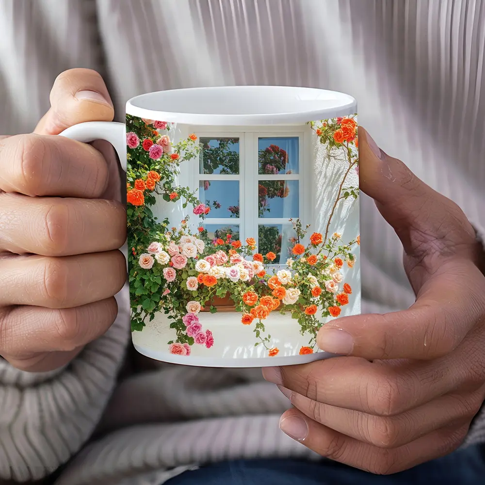 Orange Pink Roses Climbing White Wall Window – Mugs