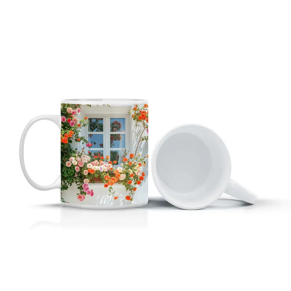 Orange Pink Roses Climbing White Wall Window – Mugs