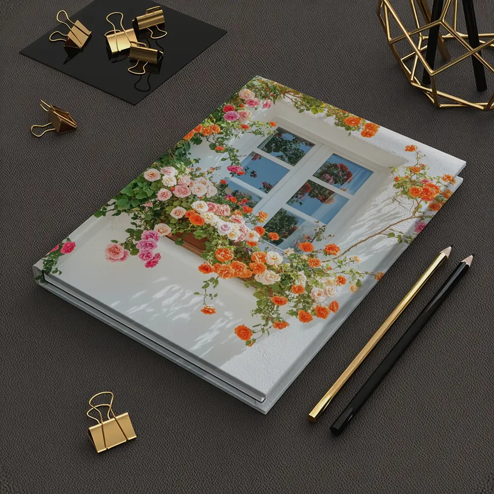 Orange Pink Roses Climbing White Wall Window – Notebooks