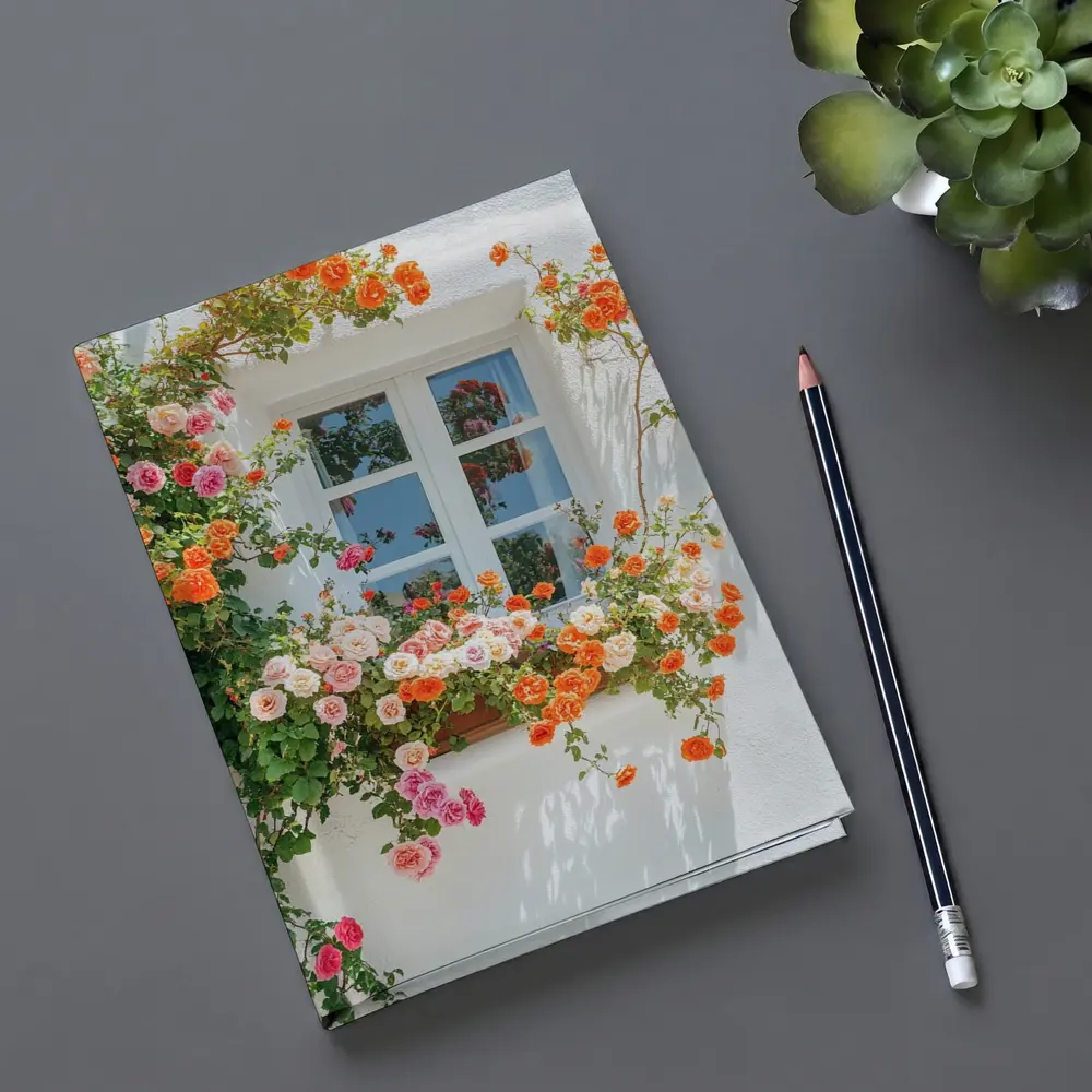 Orange Pink Roses Climbing White Wall Window – Notebooks