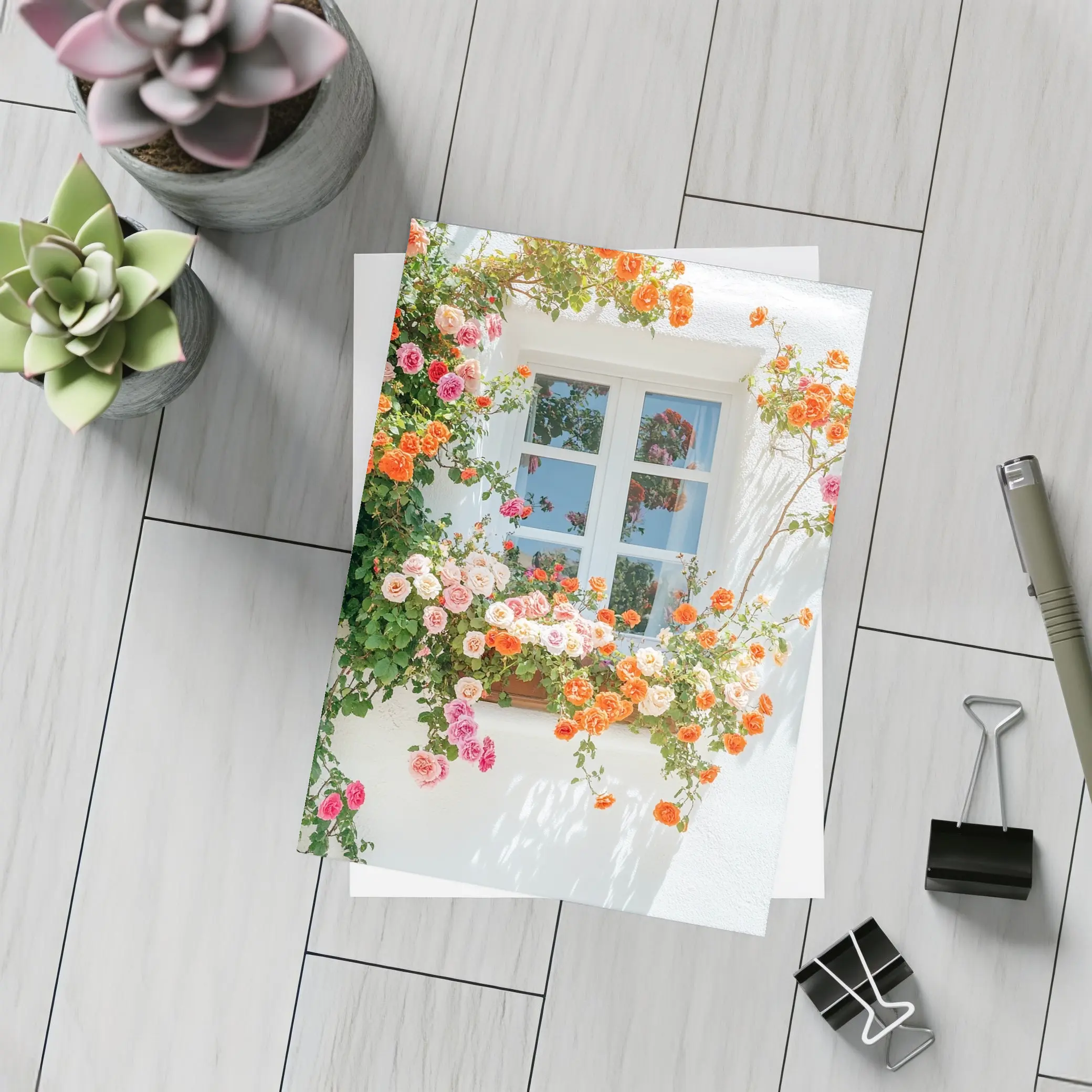 Orange Pink Roses Climbing White Wall Window – Postcards