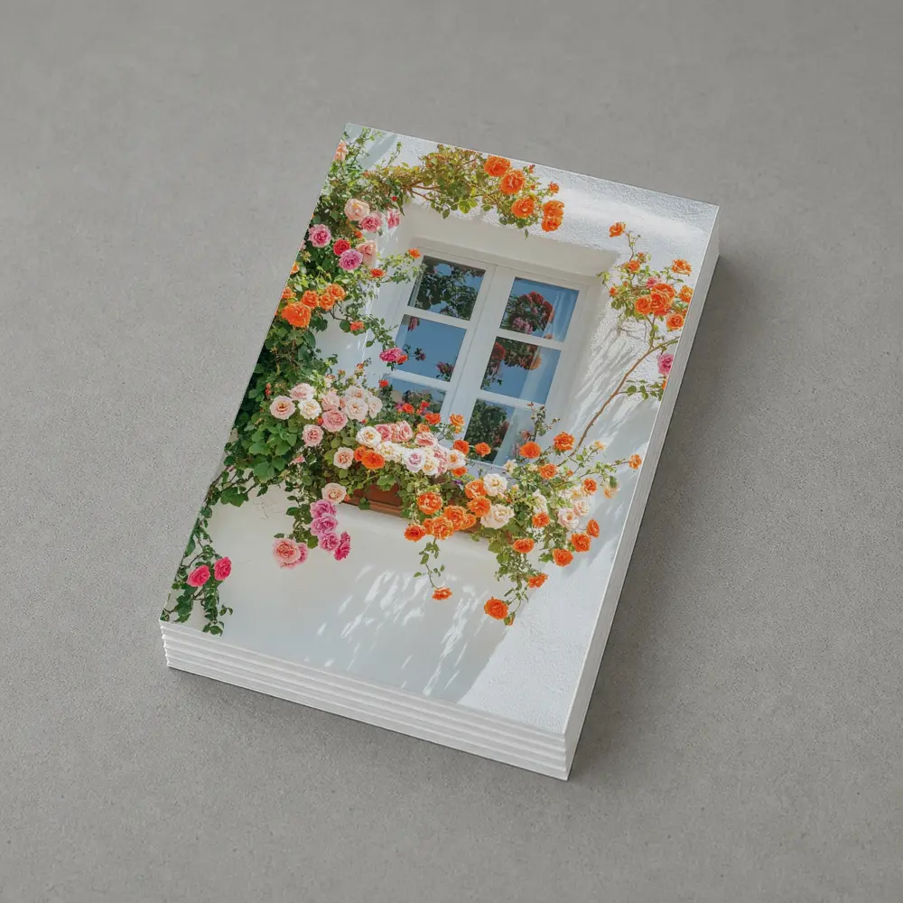 Orange Pink Roses Climbing White Wall Window – Postcards