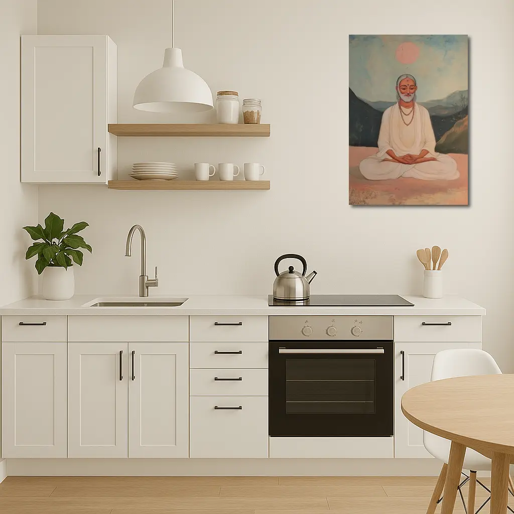 Meditating Sage White Robes Mountain Landscape Painting – Wall Art