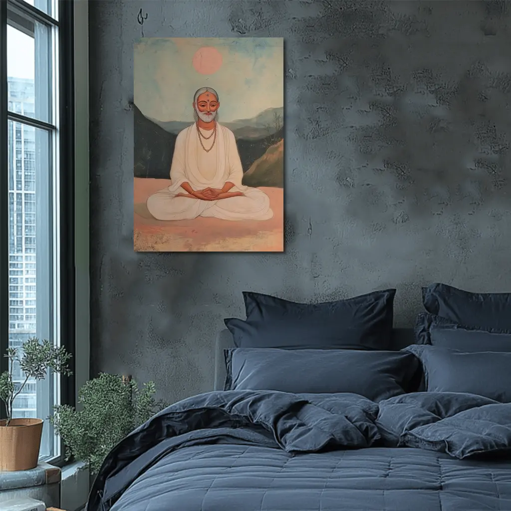 Meditating Sage White Robes Mountain Landscape Painting – Wall Art