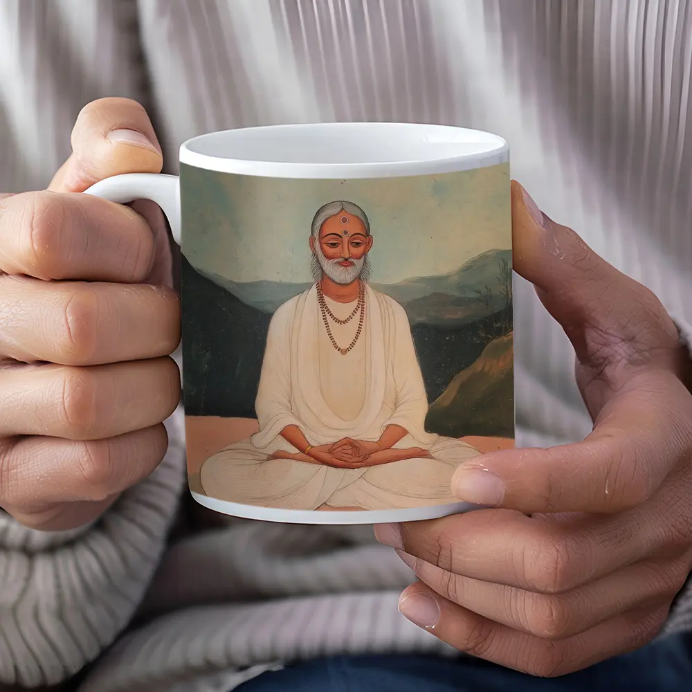 Meditating Sage White Robes Mountain Landscape Painting – Mugs