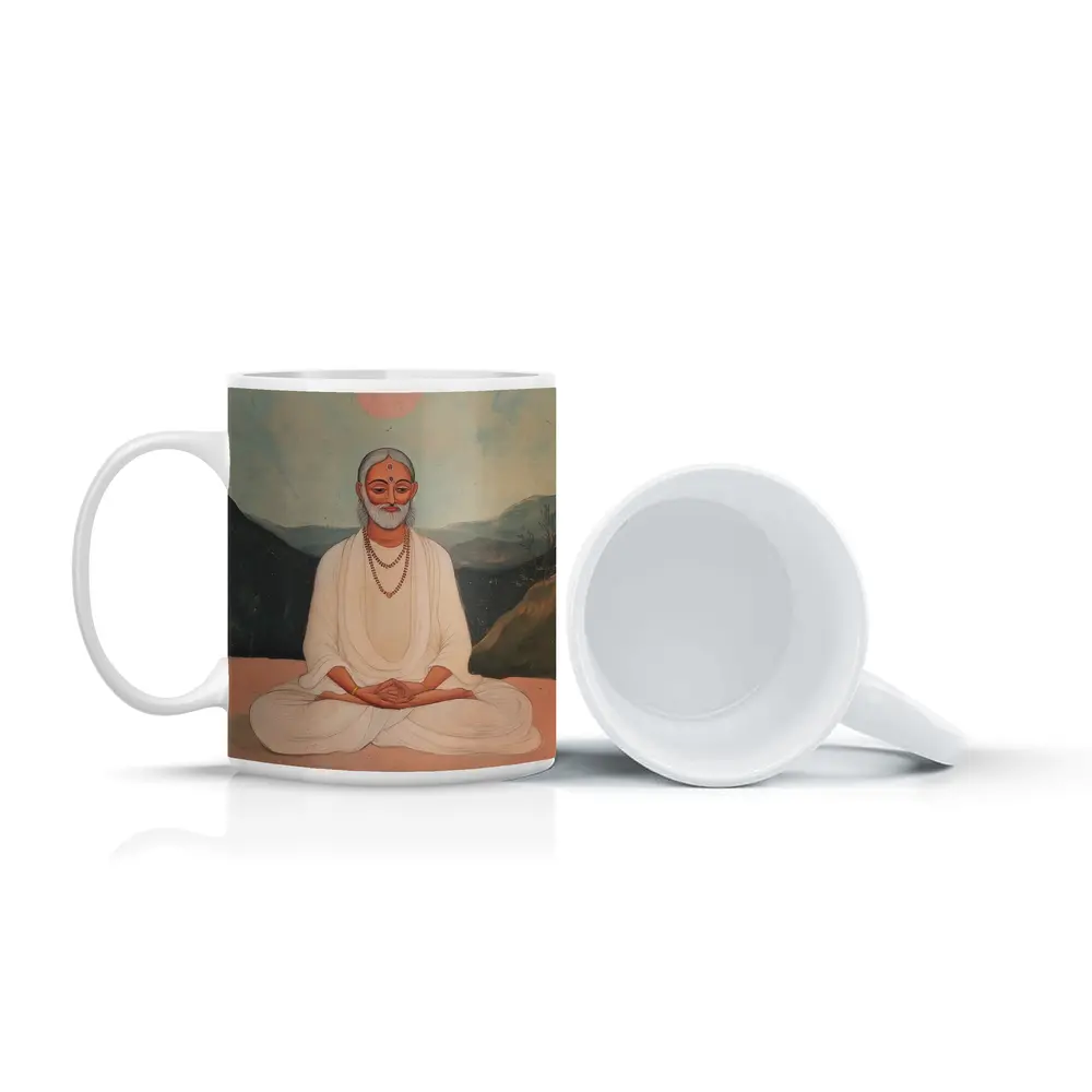 Meditating Sage White Robes Mountain Landscape Painting – Mugs