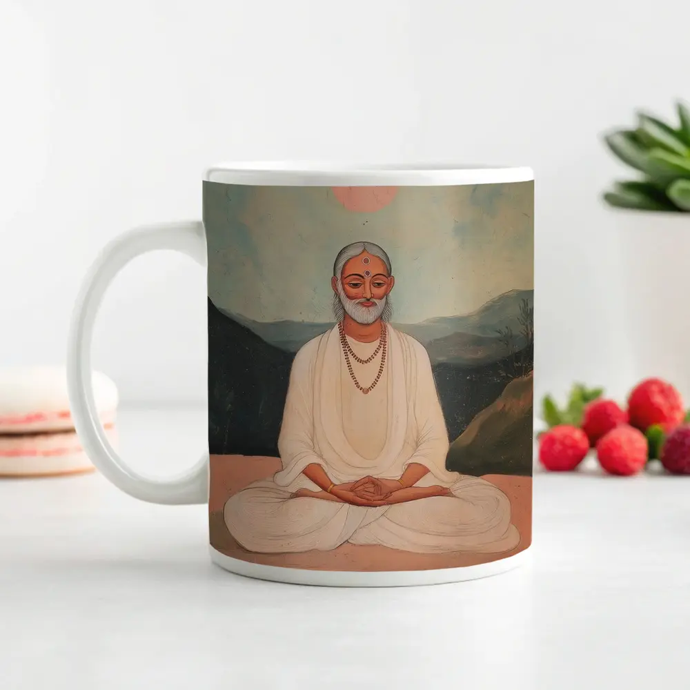 Meditating Sage White Robes Mountain Landscape Painting – Mugs
