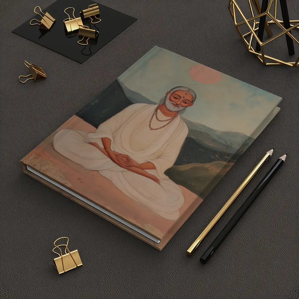 Meditating Sage White Robes Mountain Landscape Painting – Notebooks