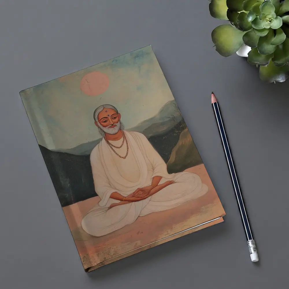 Meditating Sage White Robes Mountain Landscape Painting – Notebooks