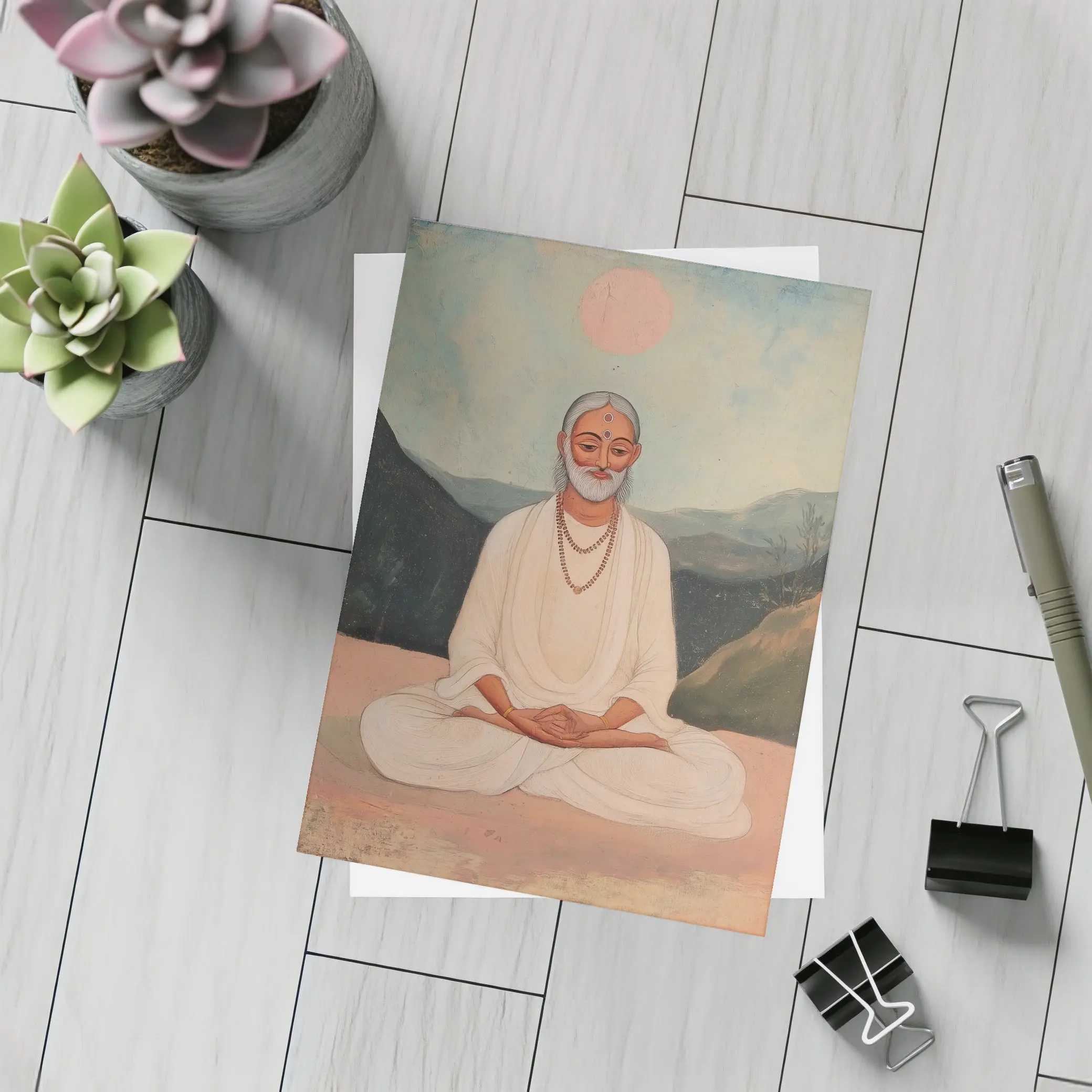 Meditating Sage White Robes Mountain Landscape Painting – Postcards