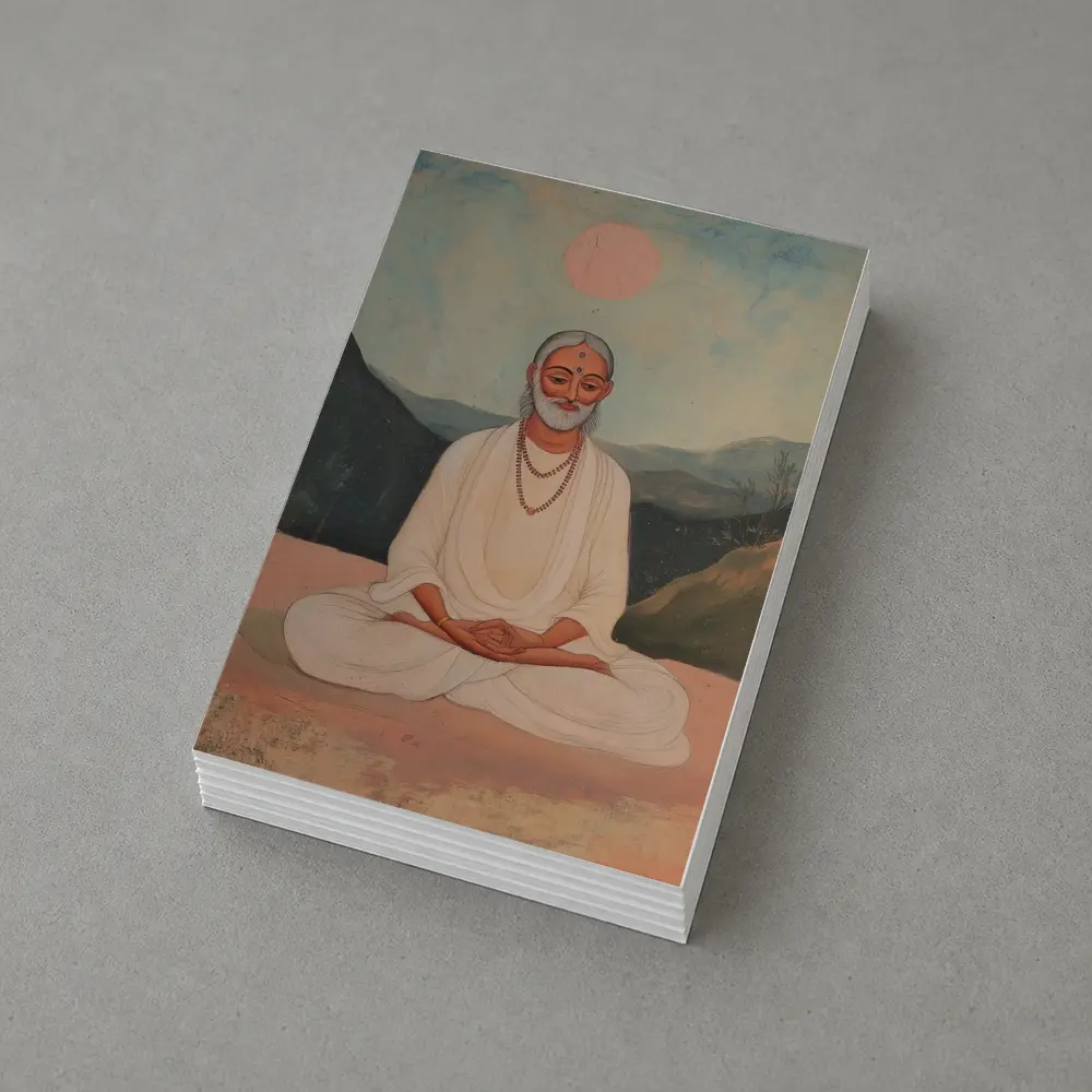 Meditating Sage White Robes Mountain Landscape Painting – Postcards