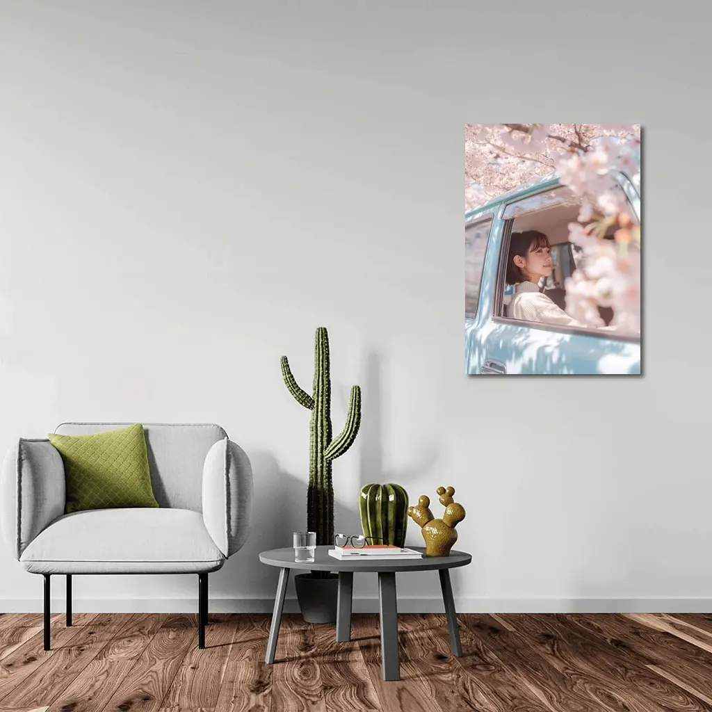 Young Woman Cherry Blossoms Vintage Blue Car – Wall Art