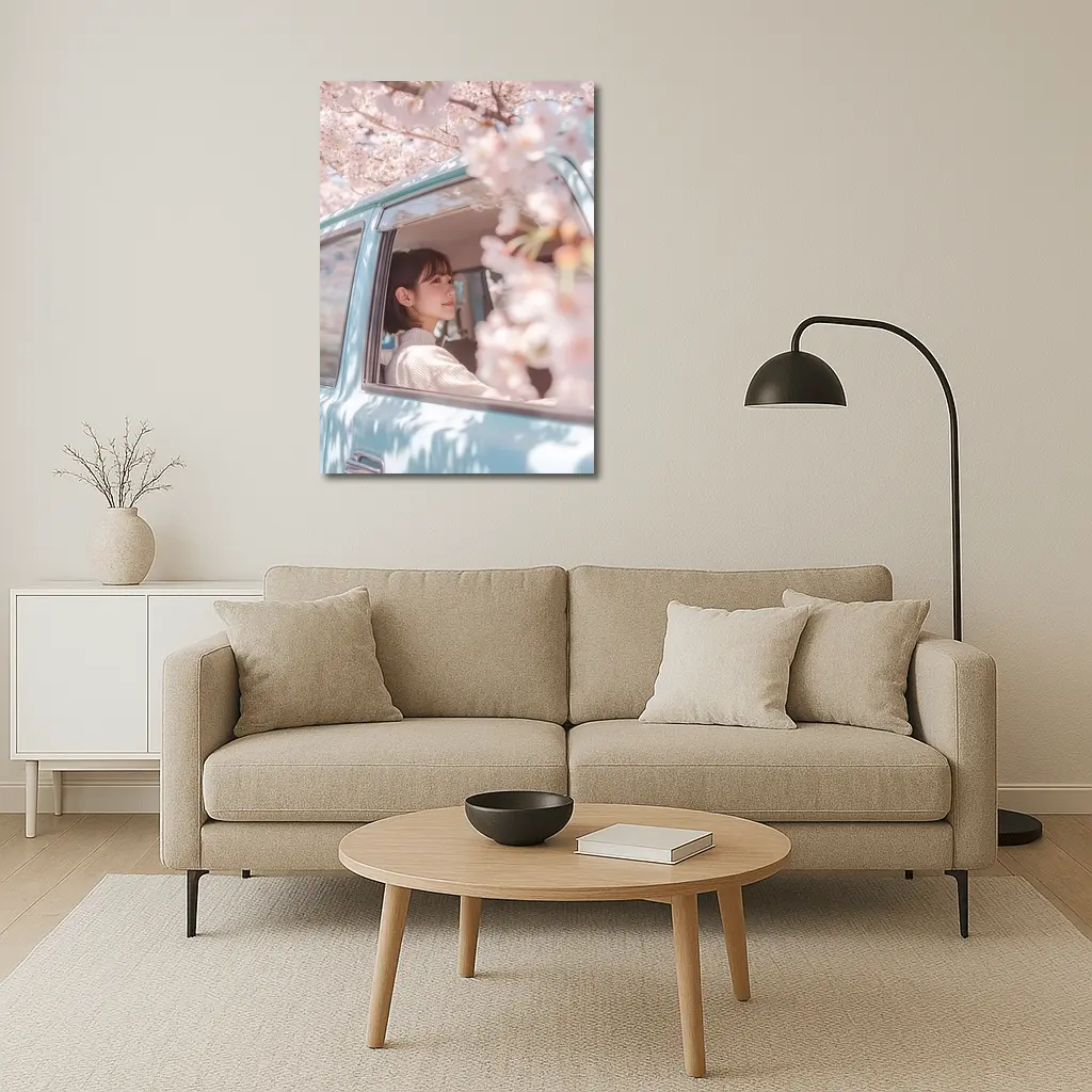 Young Woman Cherry Blossoms Vintage Blue Car – Wall Art