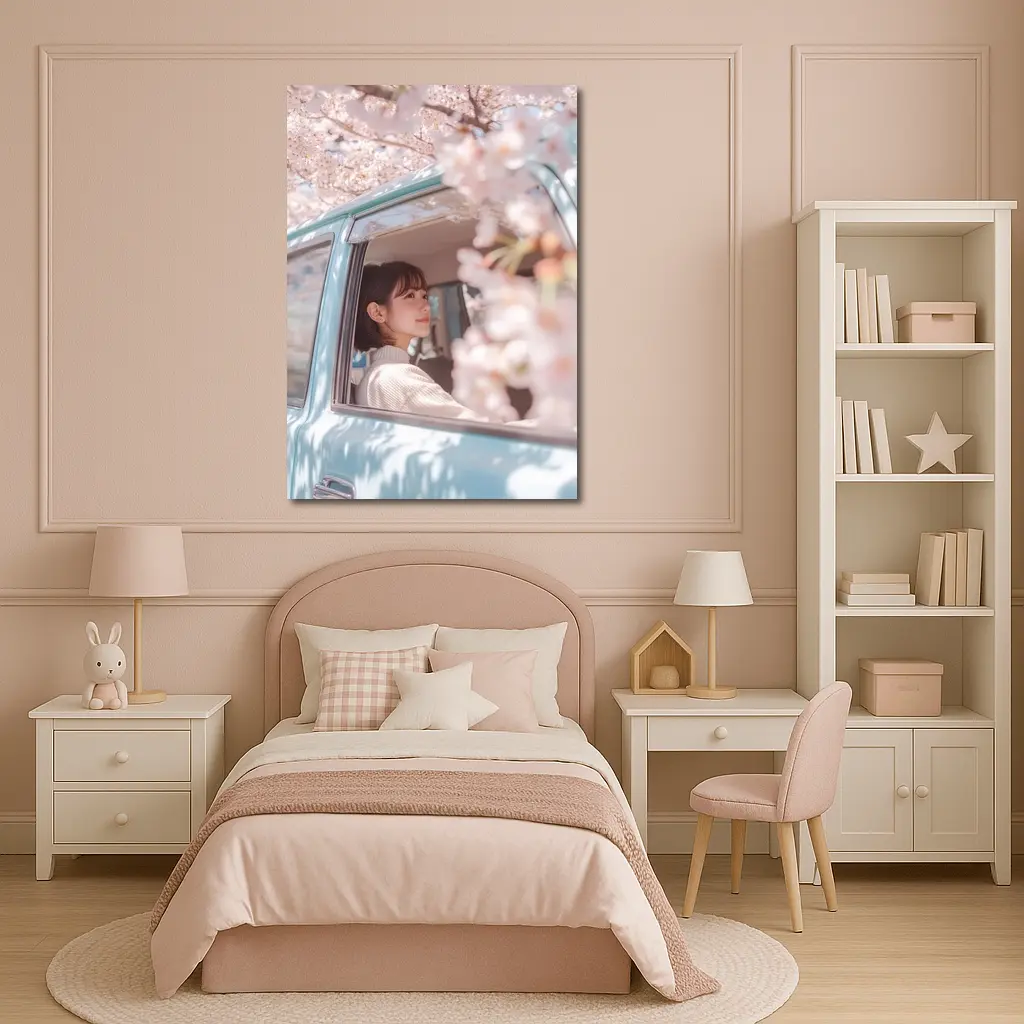 Young Woman Cherry Blossoms Vintage Blue Car – Wall Art