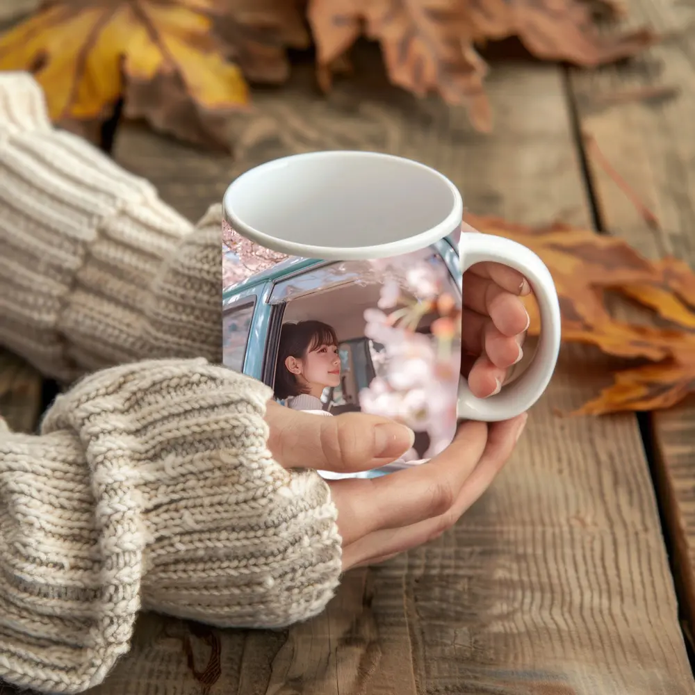 Young Woman Cherry Blossoms Vintage Blue Car – Mugs