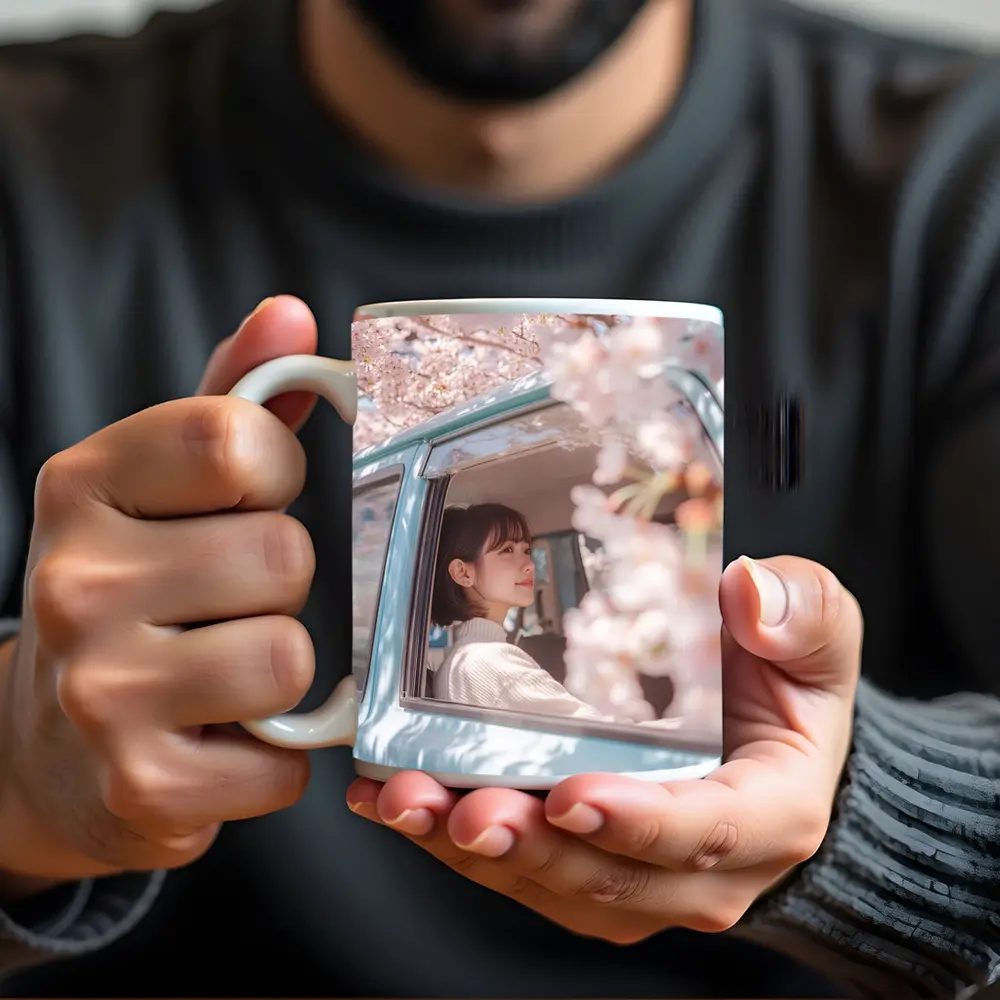 Young Woman Cherry Blossoms Vintage Blue Car – Mugs