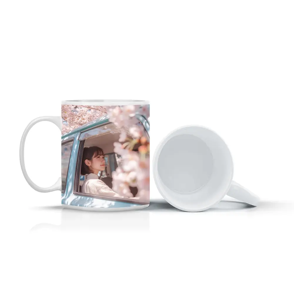 Young Woman Cherry Blossoms Vintage Blue Car – Mugs