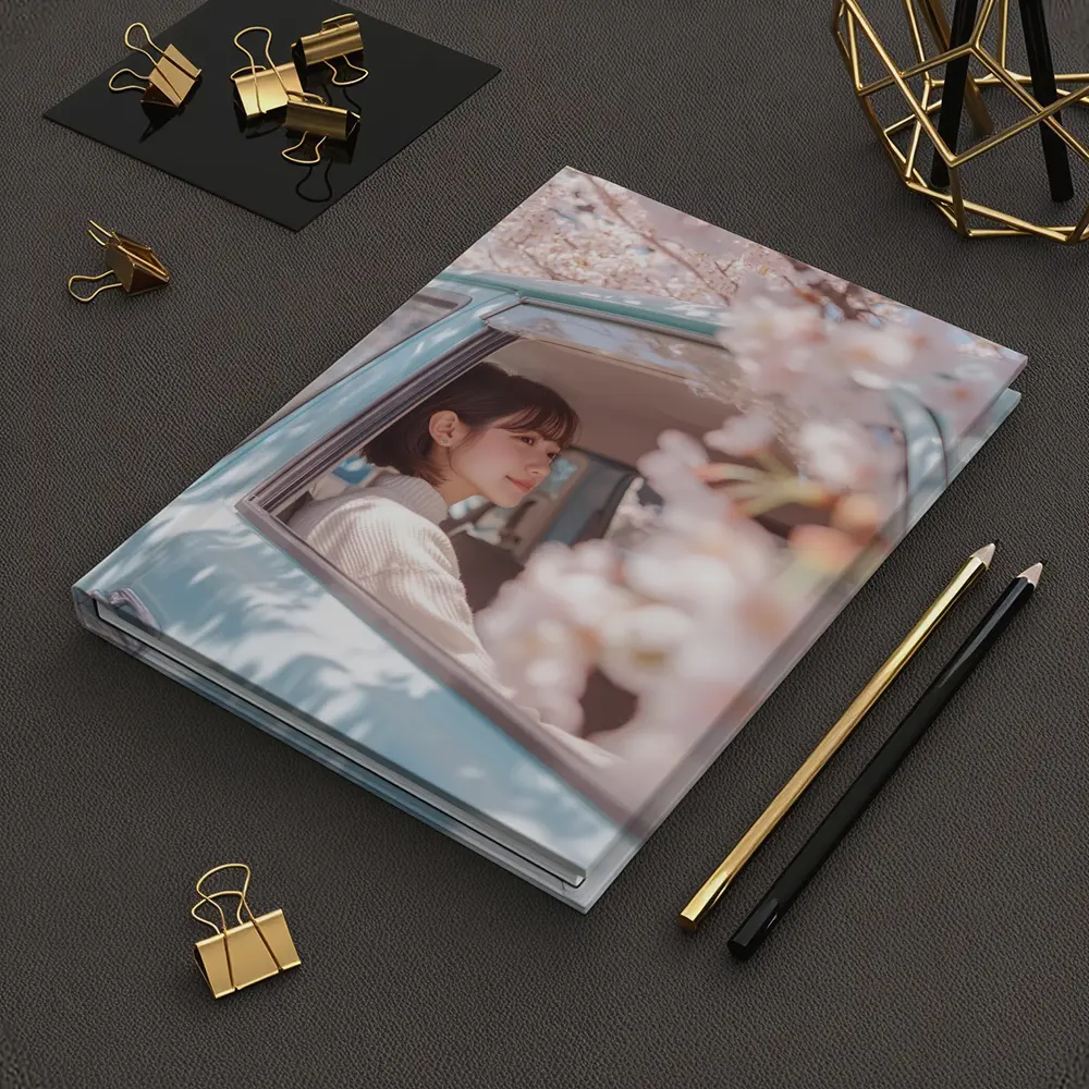 Young Woman Cherry Blossoms Vintage Blue Car – Notebooks