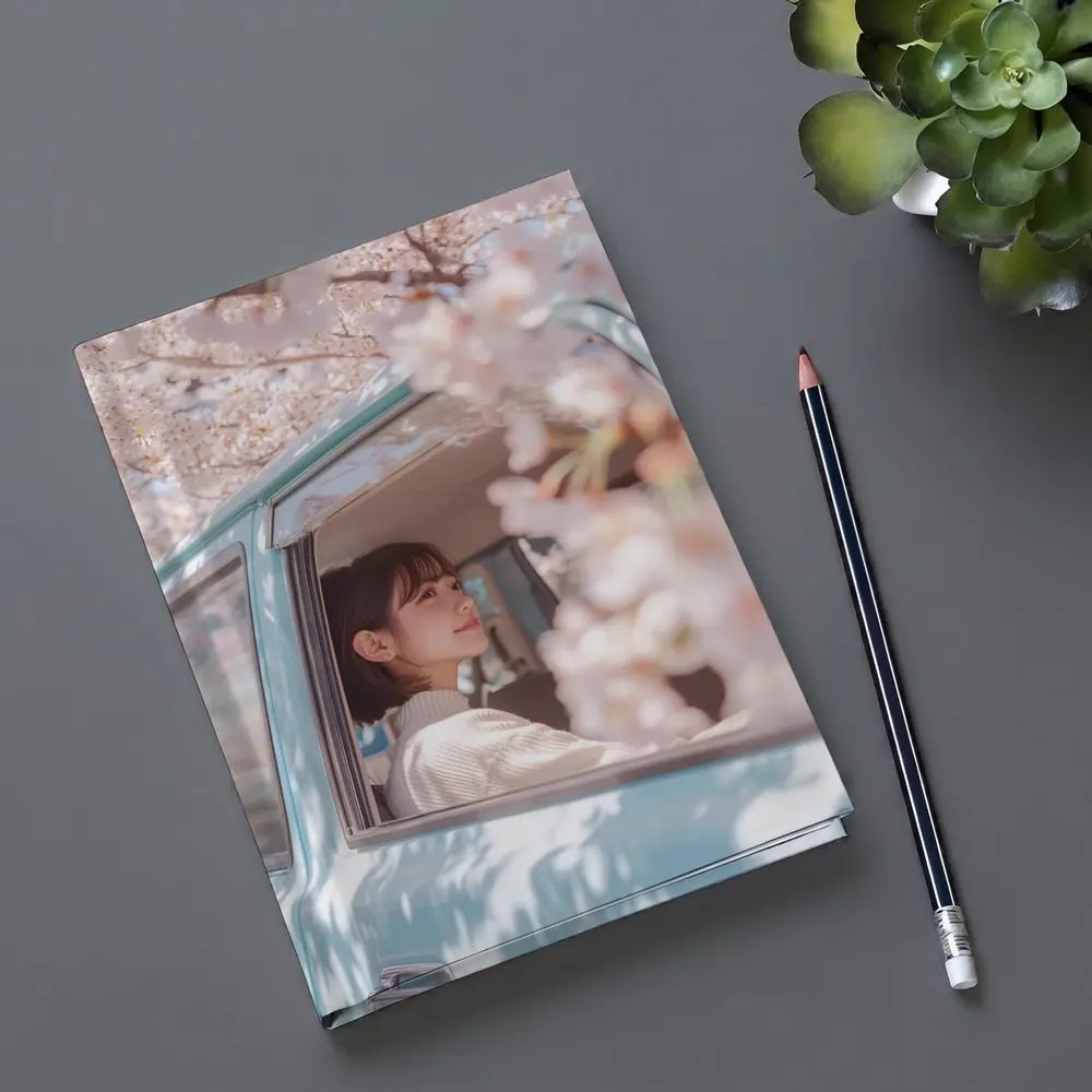 Young Woman Cherry Blossoms Vintage Blue Car – Notebooks