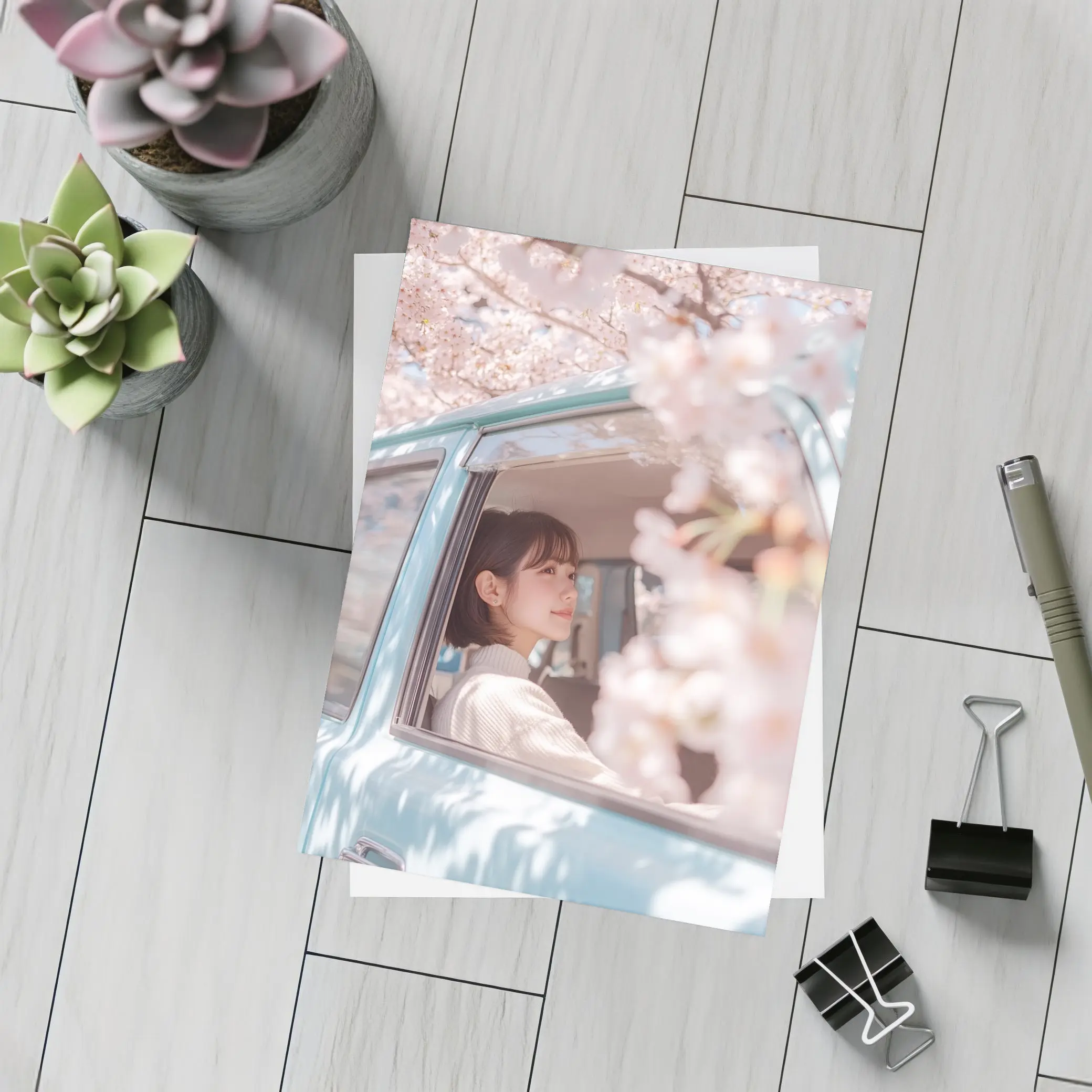 Young Woman Cherry Blossoms Vintage Blue Car – Postcards