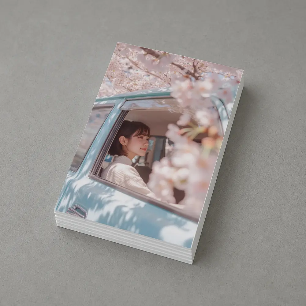 Young Woman Cherry Blossoms Vintage Blue Car – Postcards