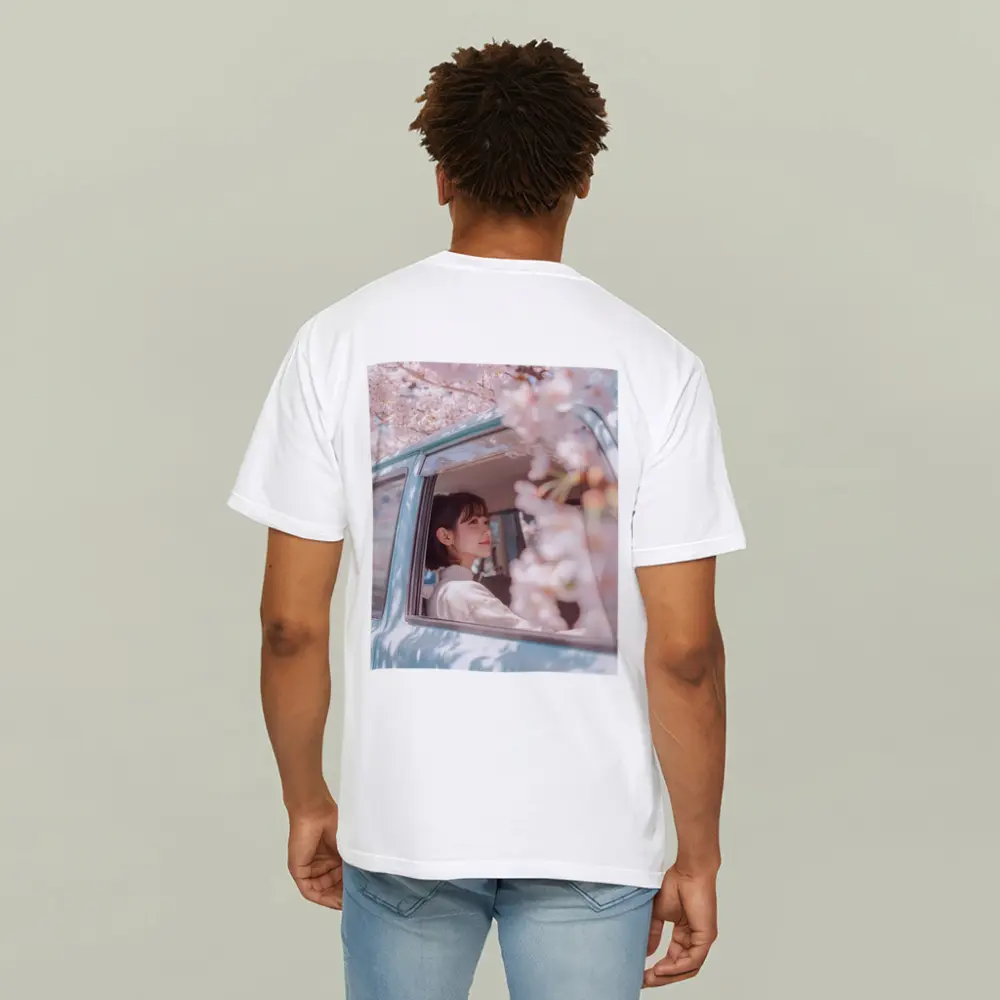 Young Woman Cherry Blossoms Vintage Blue Car – T-Shirts