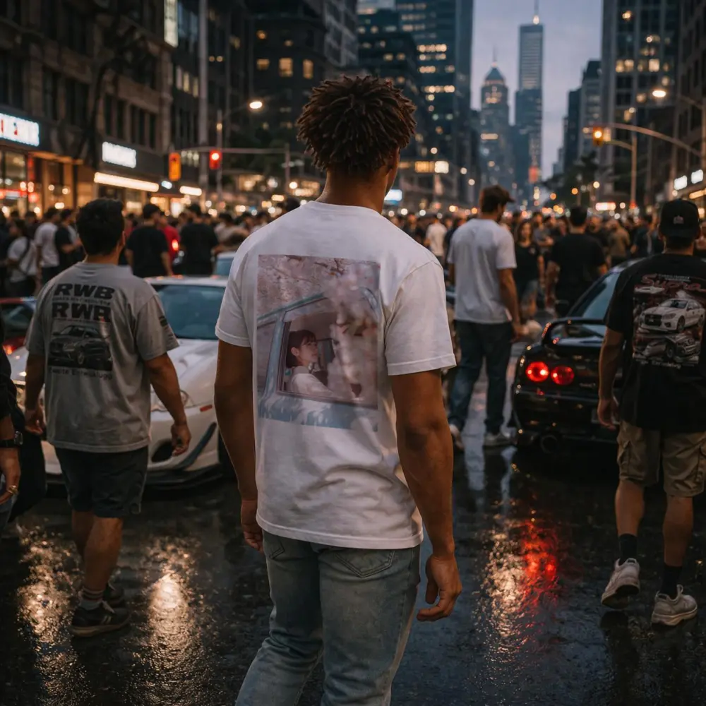 Young Woman Cherry Blossoms Vintage Blue Car – T-Shirts