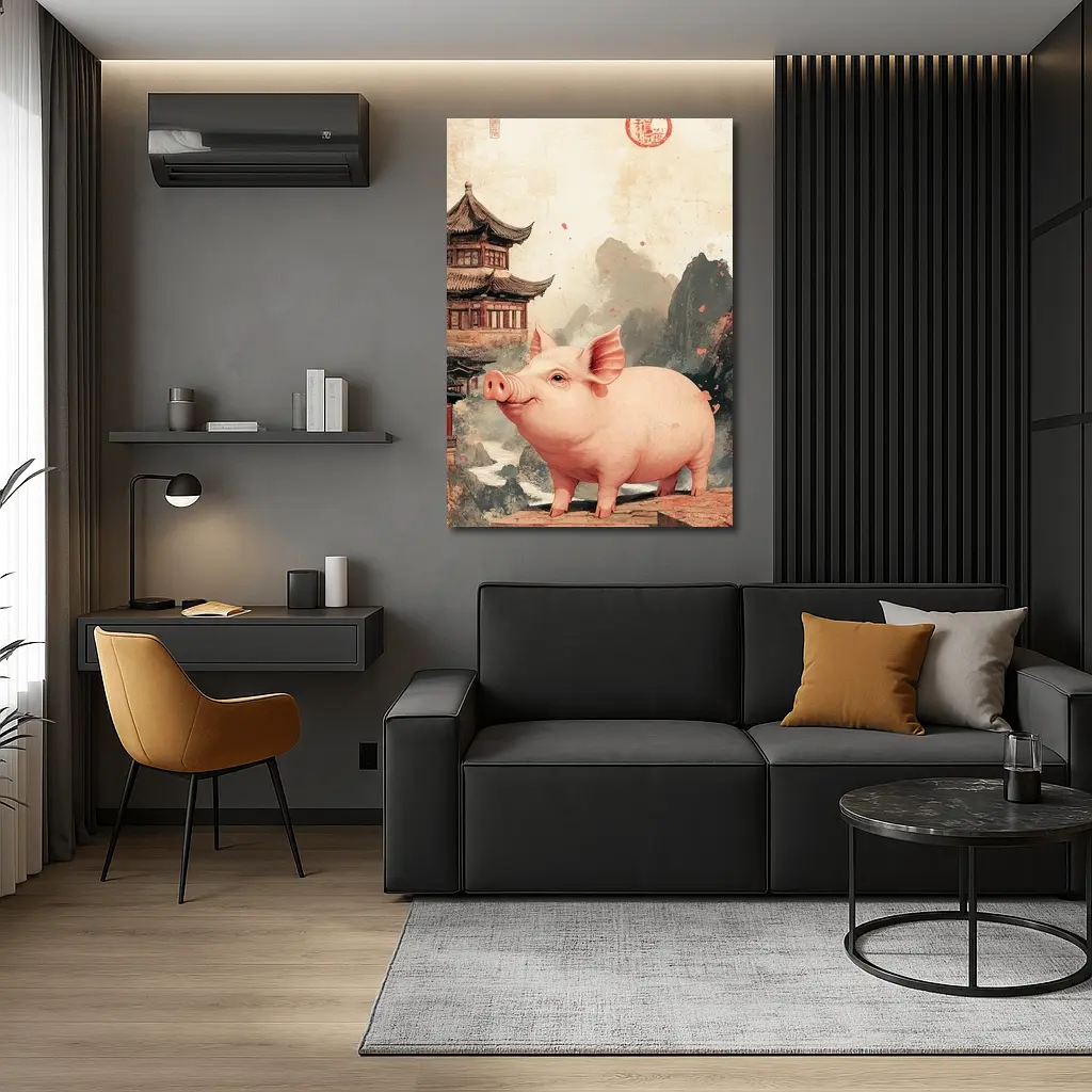 Pink Pig Chinese Temple Mountain Ink Art – Wall Art