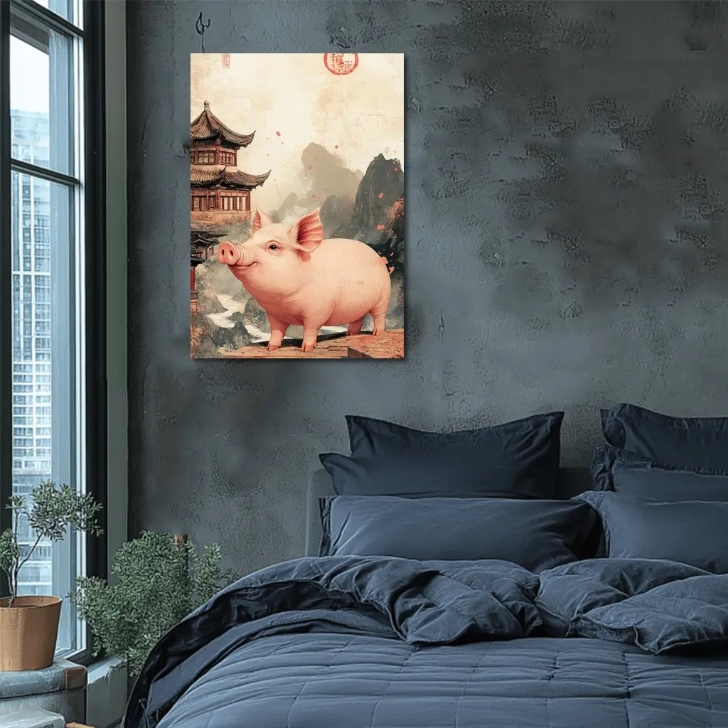 Pink Pig Chinese Temple Mountain Ink Art – Wall Art