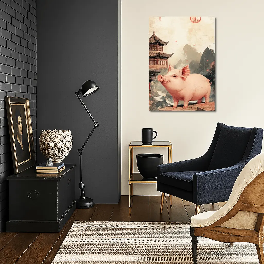 Pink Pig Chinese Temple Mountain Ink Art – Wall Art
