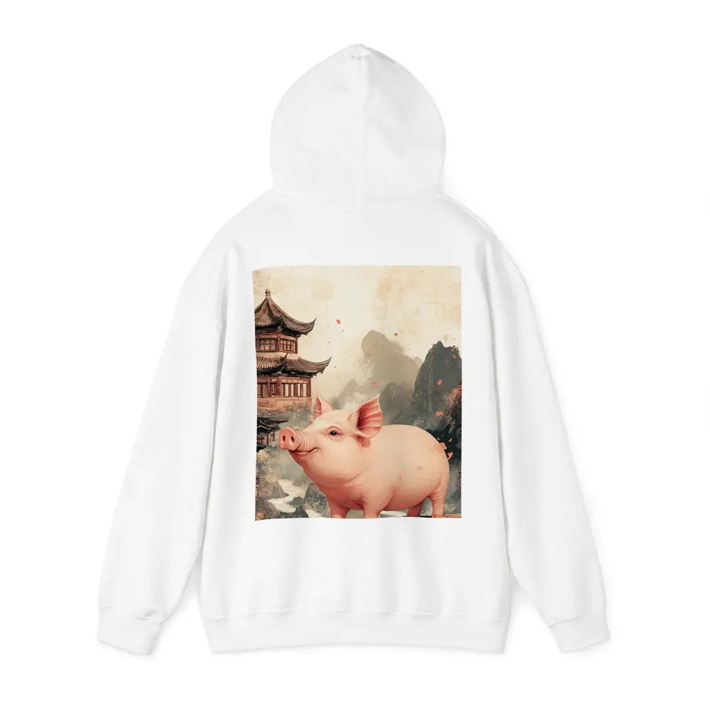 Pink Pig Chinese Temple Mountain Ink Art – Hoodies