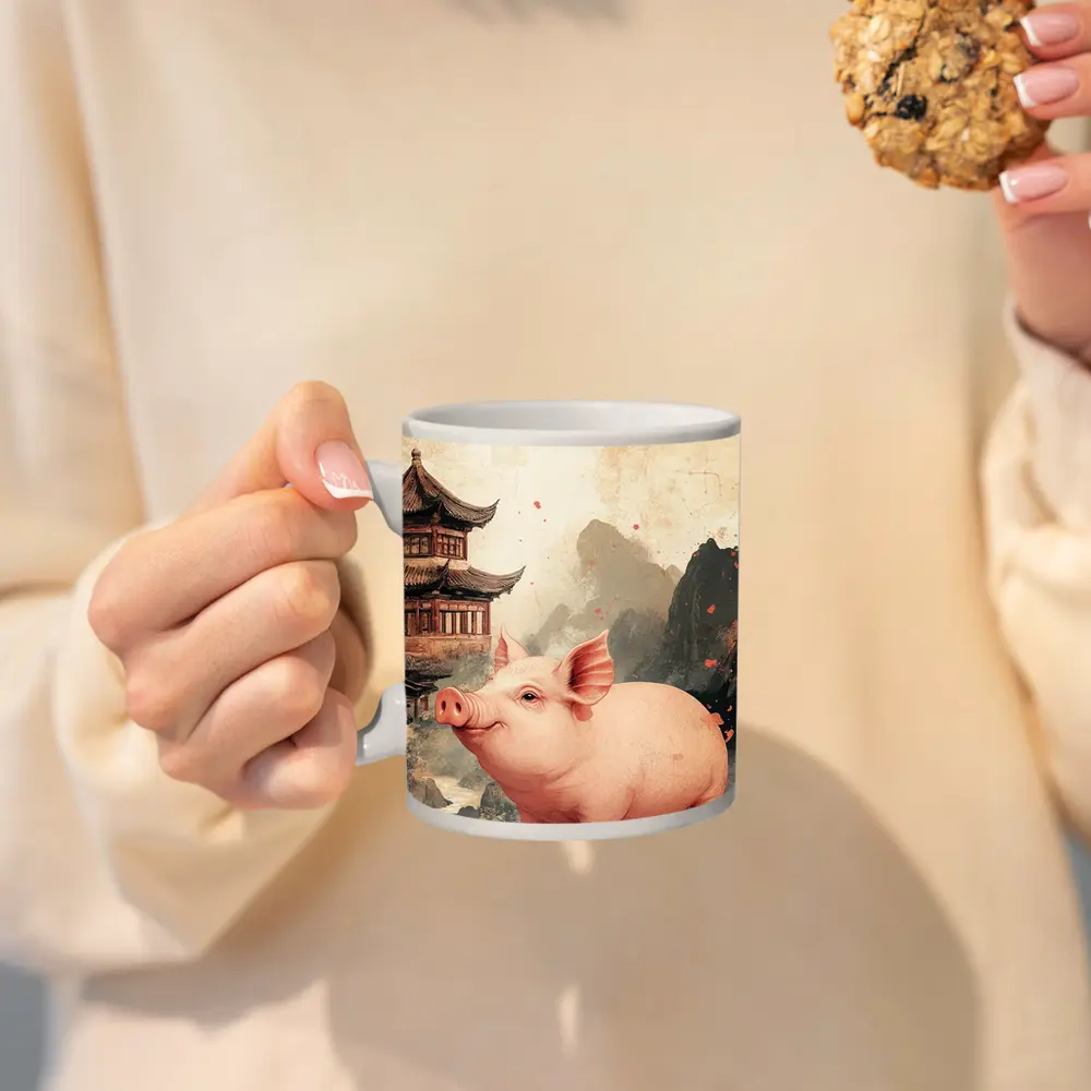 Pink Pig Chinese Temple Mountain Ink Art – Mugs