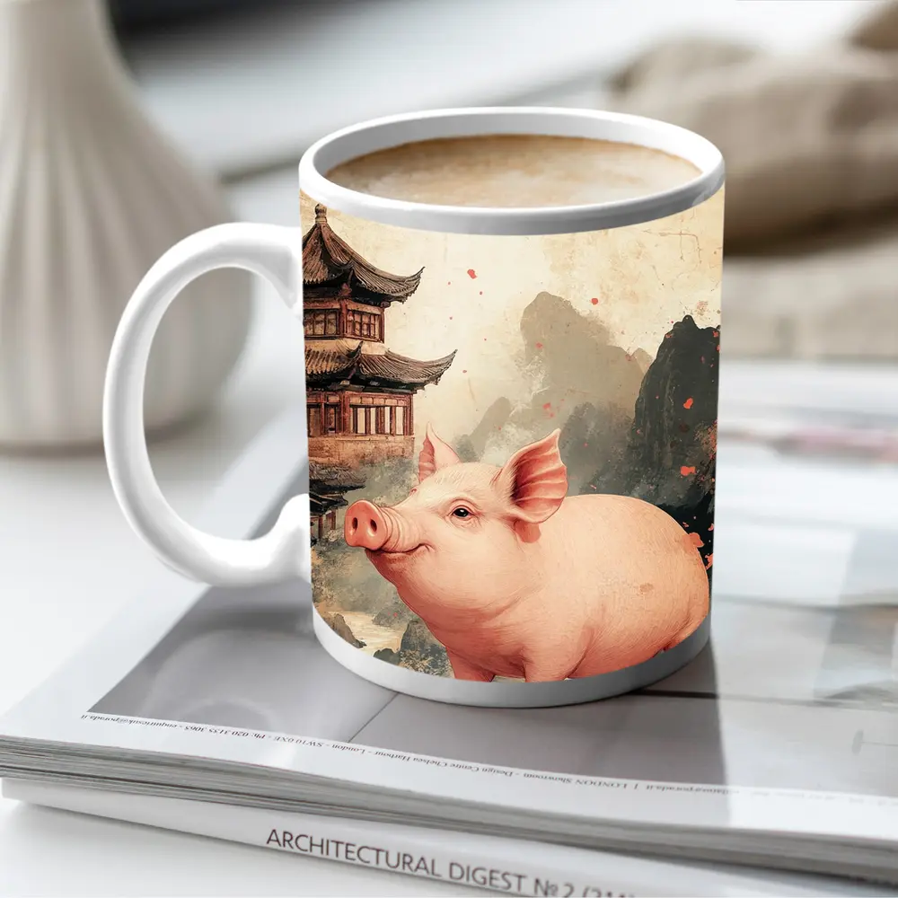Pink Pig Chinese Temple Mountain Ink Art – Mugs