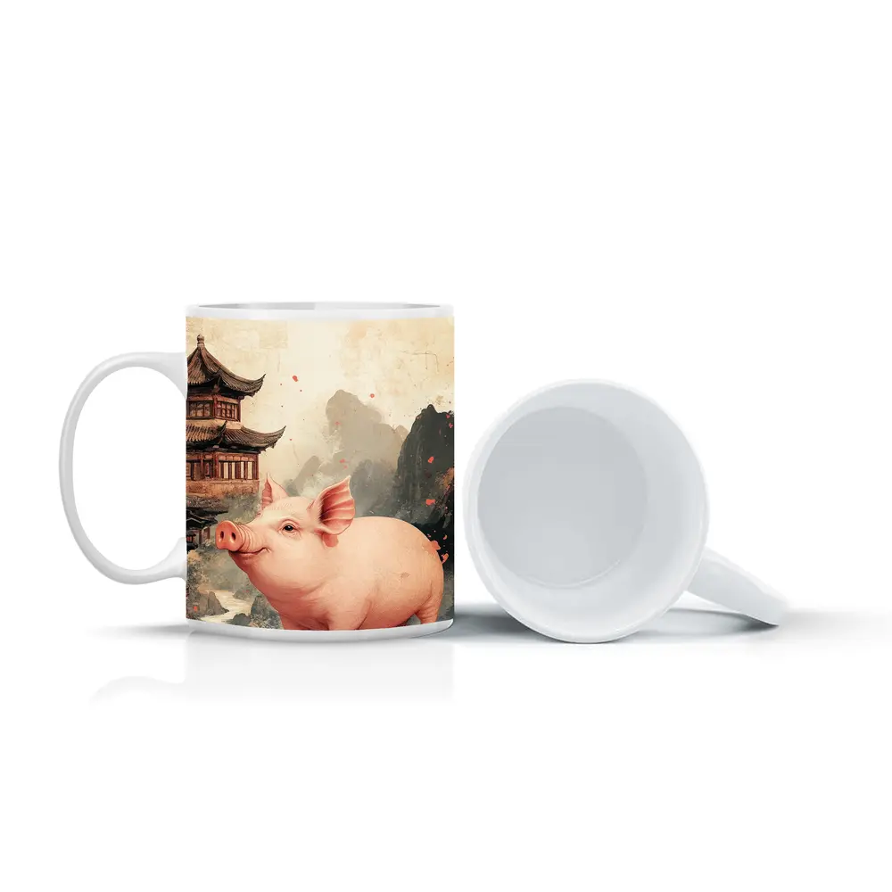 Pink Pig Chinese Temple Mountain Ink Art – Mugs