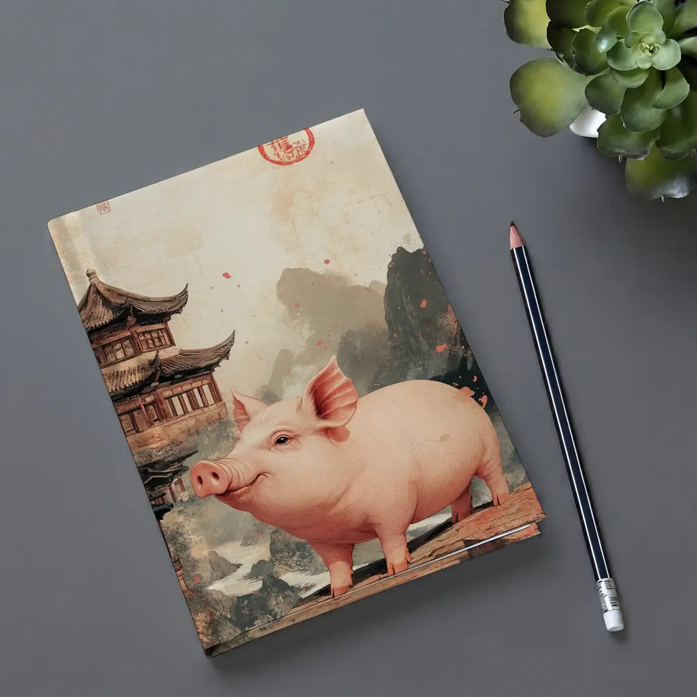 Pink Pig Chinese Temple Mountain Ink Art – Notebooks