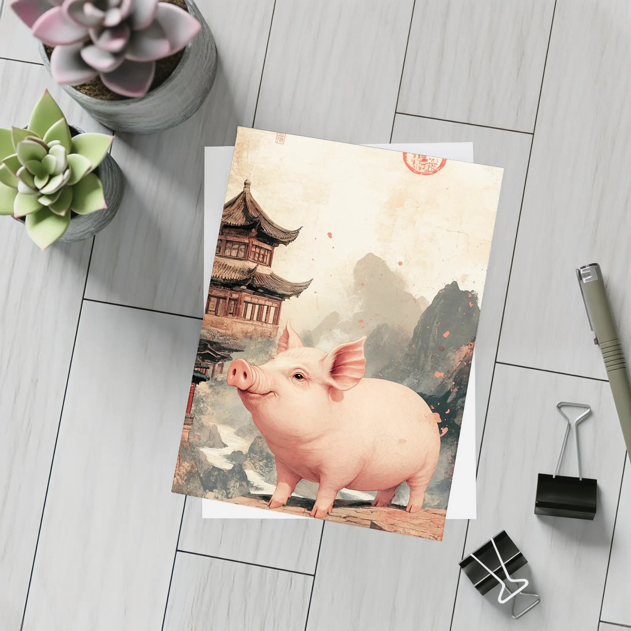 Pink Pig Chinese Temple Mountain Ink Art – Postcards
