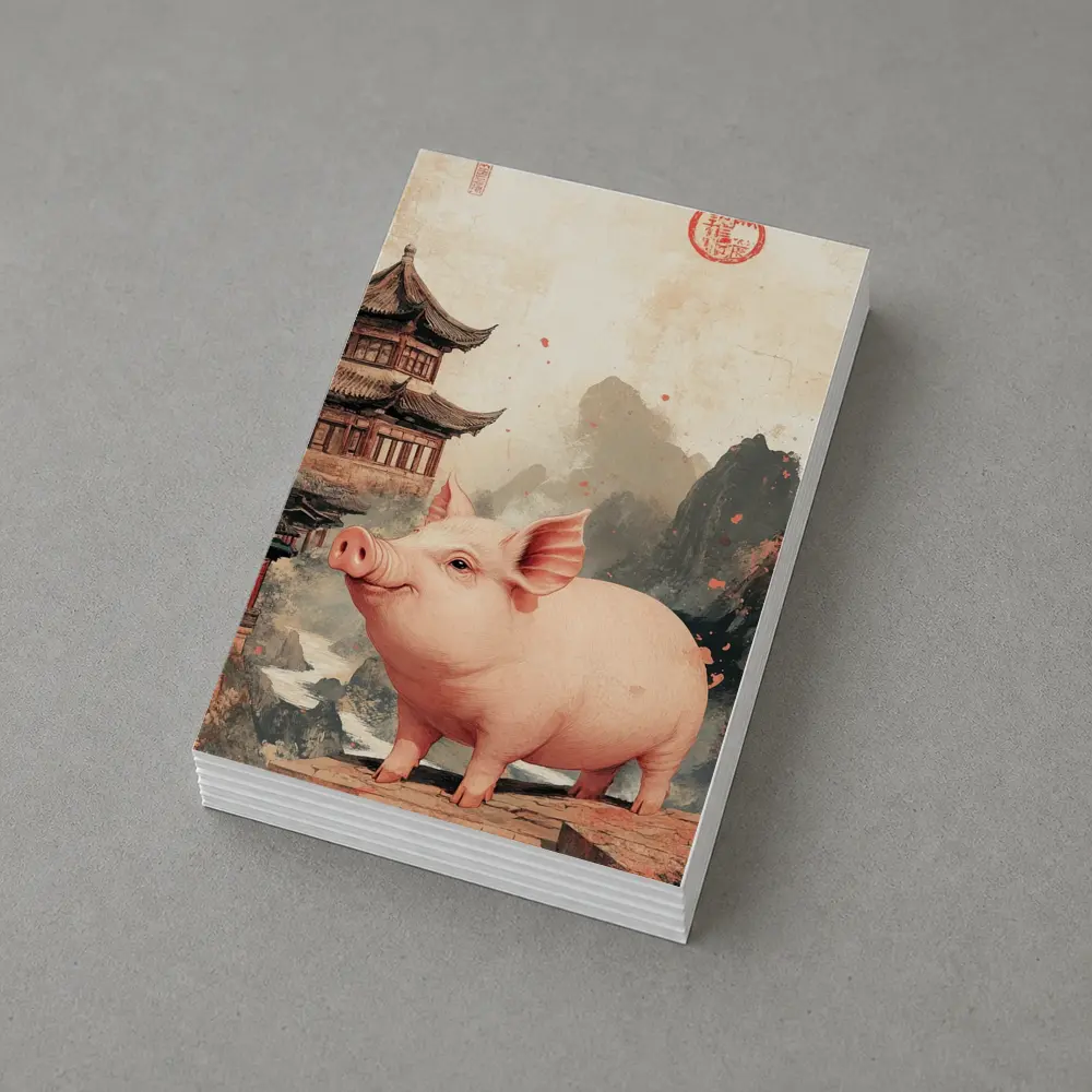Pink Pig Chinese Temple Mountain Ink Art – Postcards