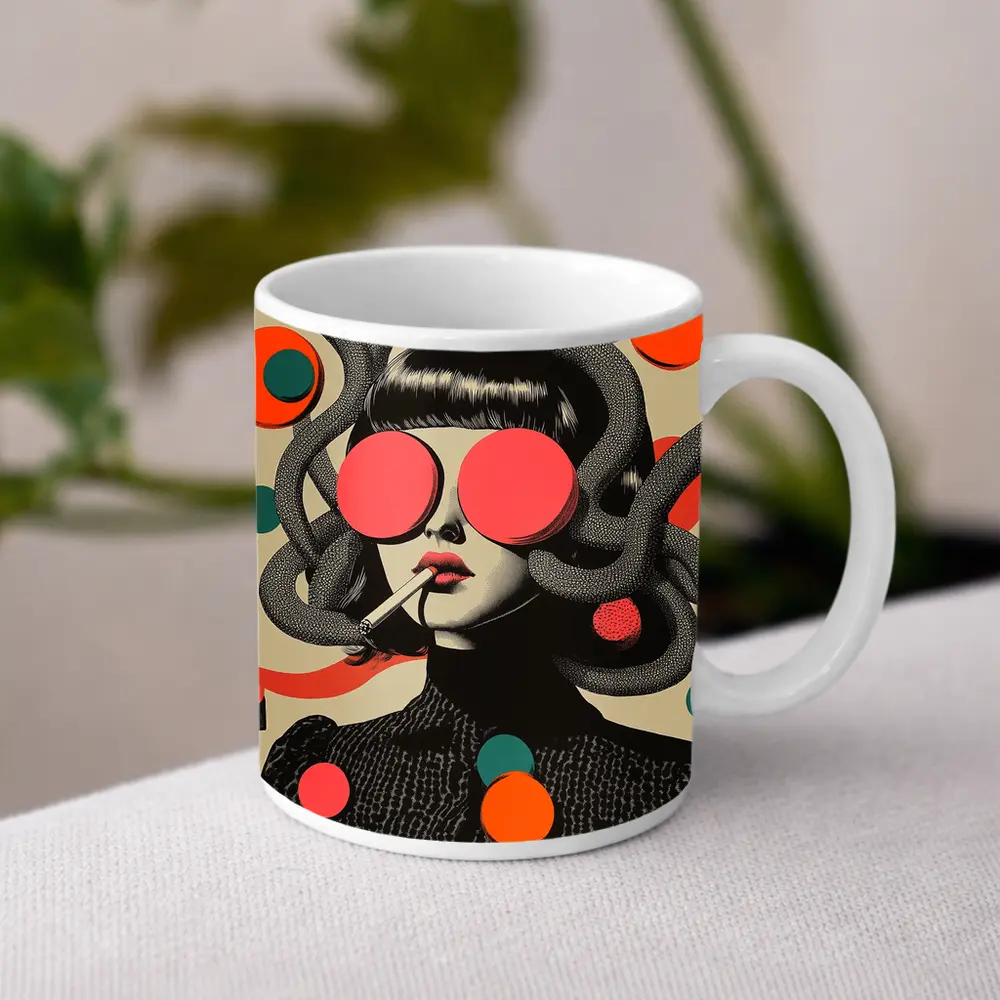 Retro Pop Art Woman Smoking Surreal Collage – Mugs
