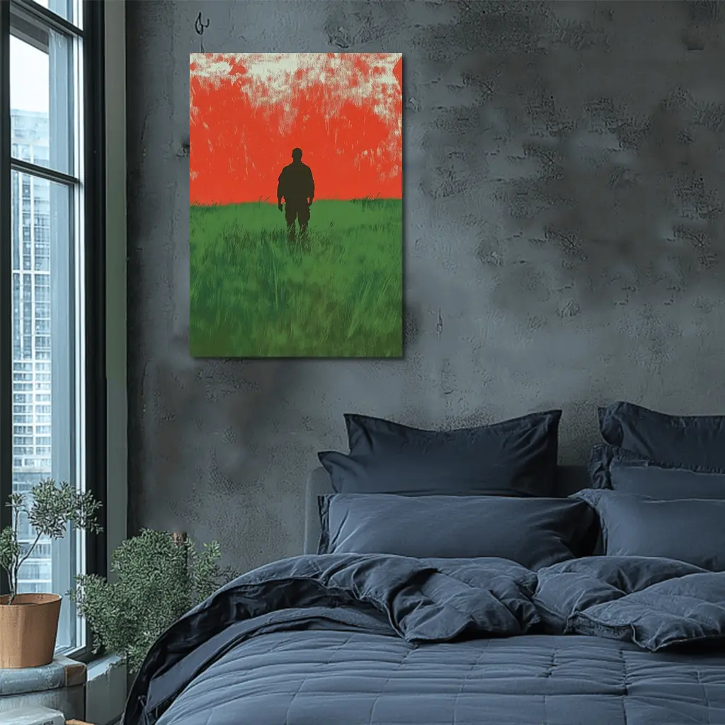 Soldier Silhouette Standing In Red Green Field – Wall Art