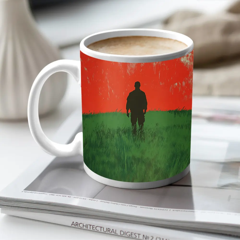 Soldier Silhouette Standing In Red Green Field – Mugs