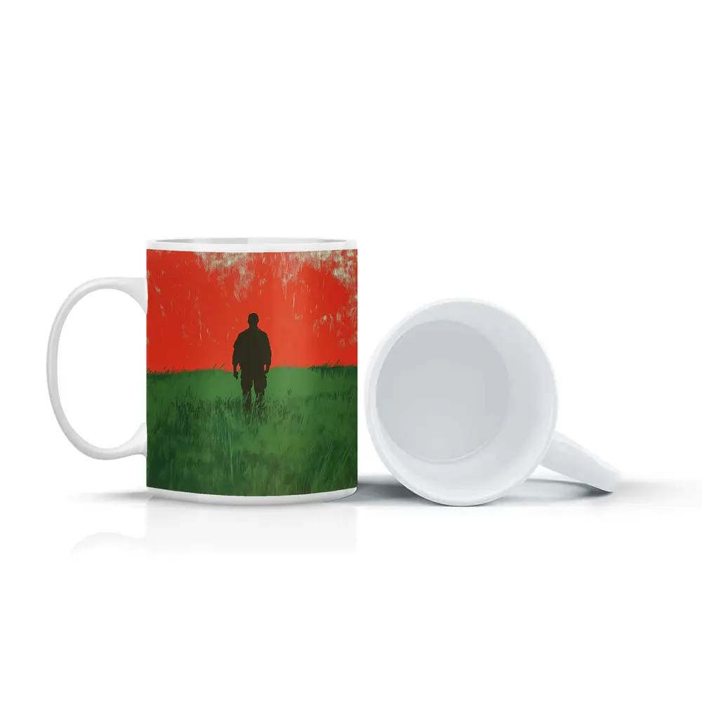 Soldier Silhouette Standing In Red Green Field – Mugs