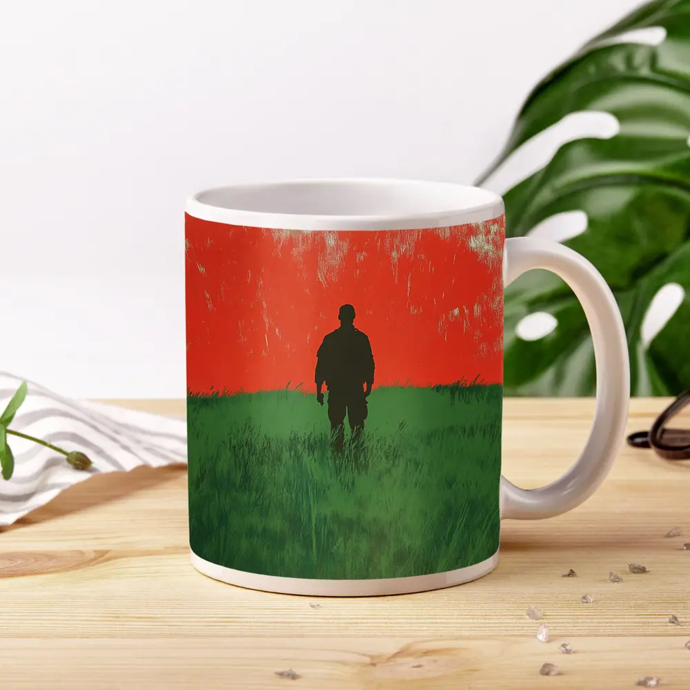 Soldier Silhouette Standing In Red Green Field – Mugs