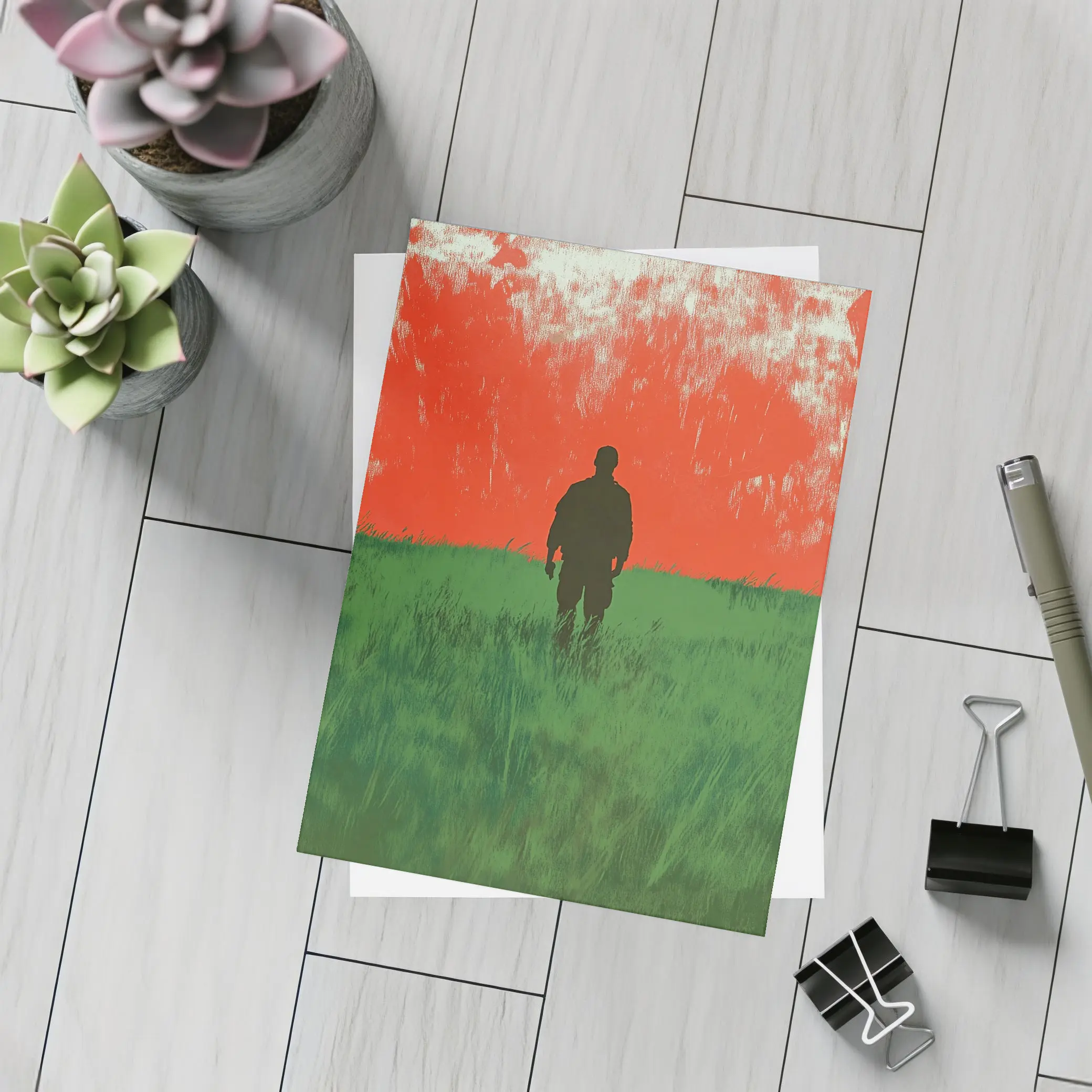 Soldier Silhouette Standing In Red Green Field – Postcards