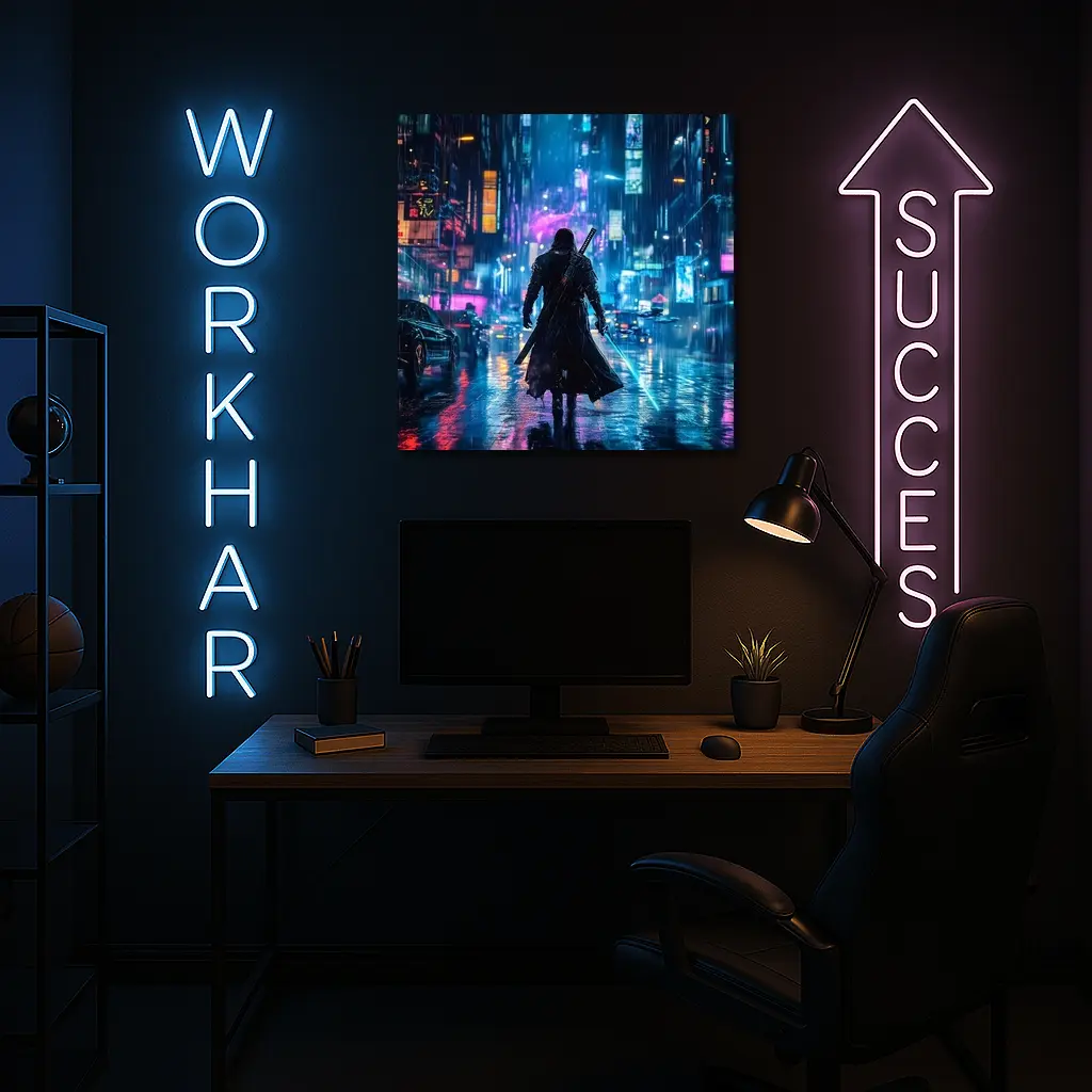 Cyberpunk Samurai Neon Rainy City Street – Wall Art