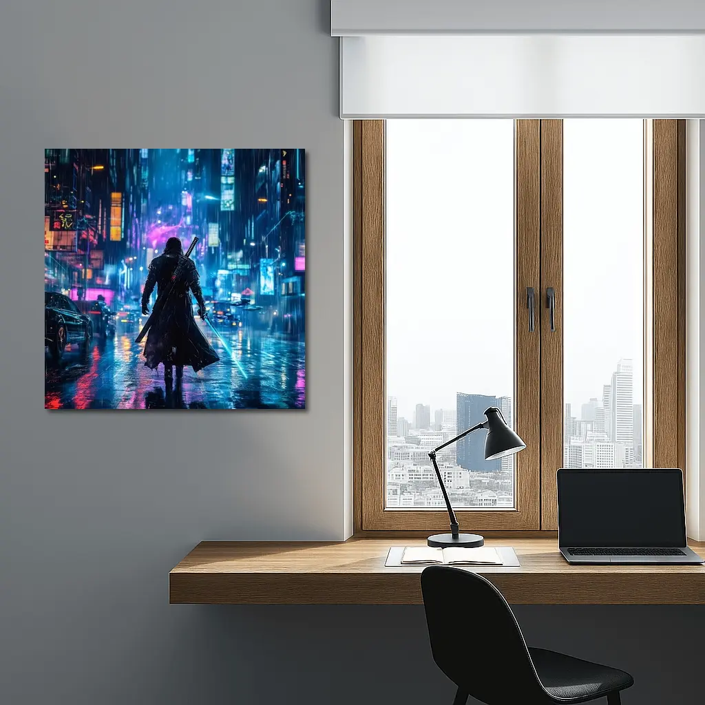 Cyberpunk Samurai Neon Rainy City Street – Wall Art