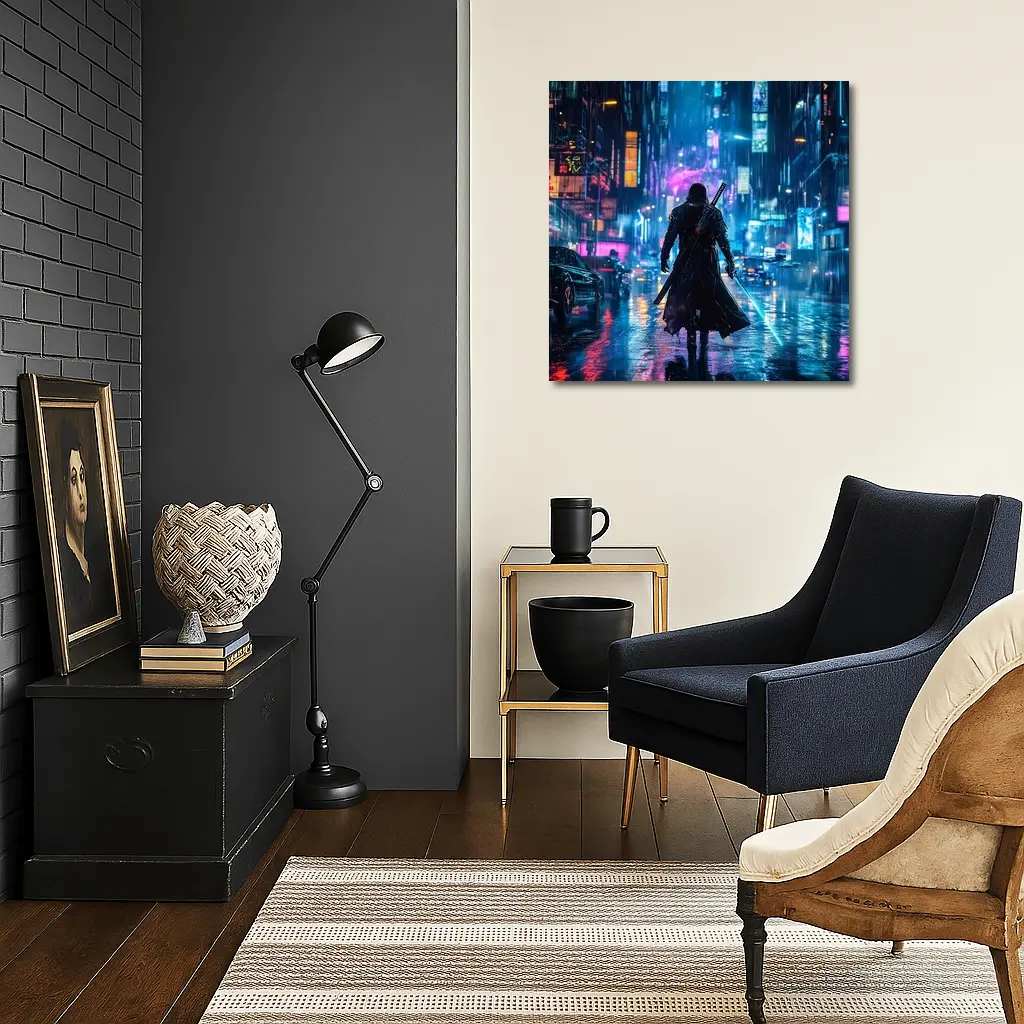 Cyberpunk Samurai Neon Rainy City Street – Wall Art