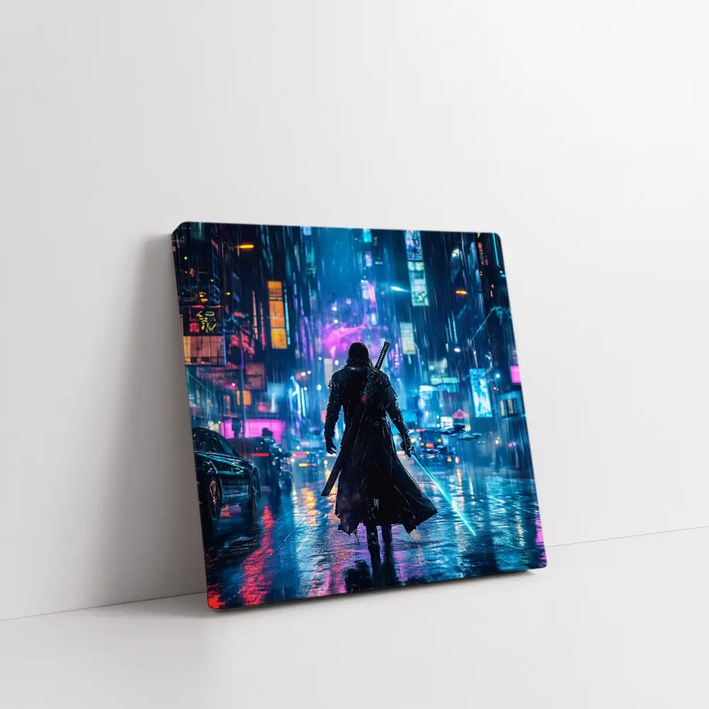Cyberpunk Samurai Neon Rainy City Street – Wall Art