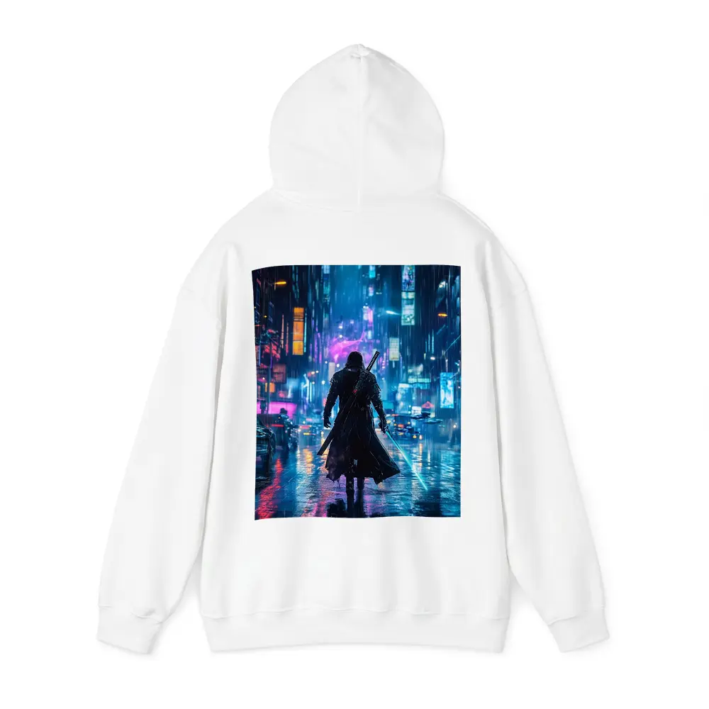 Cyberpunk Samurai Neon Rainy City Street – Hoodies