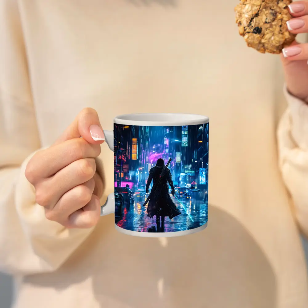 Cyberpunk Samurai Neon Rainy City Street – Mugs