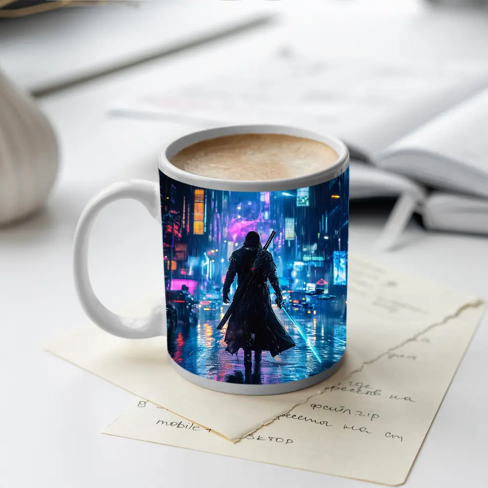 Cyberpunk Samurai Neon Rainy City Street – Mugs